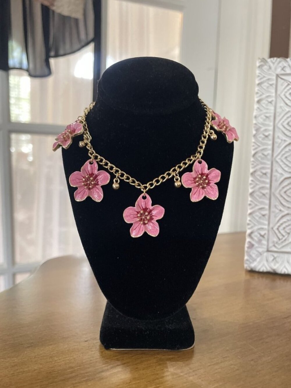Pink Floral Charm Anklet | Gold Tone Chain Coquette Summer Jewelry | Adjustable